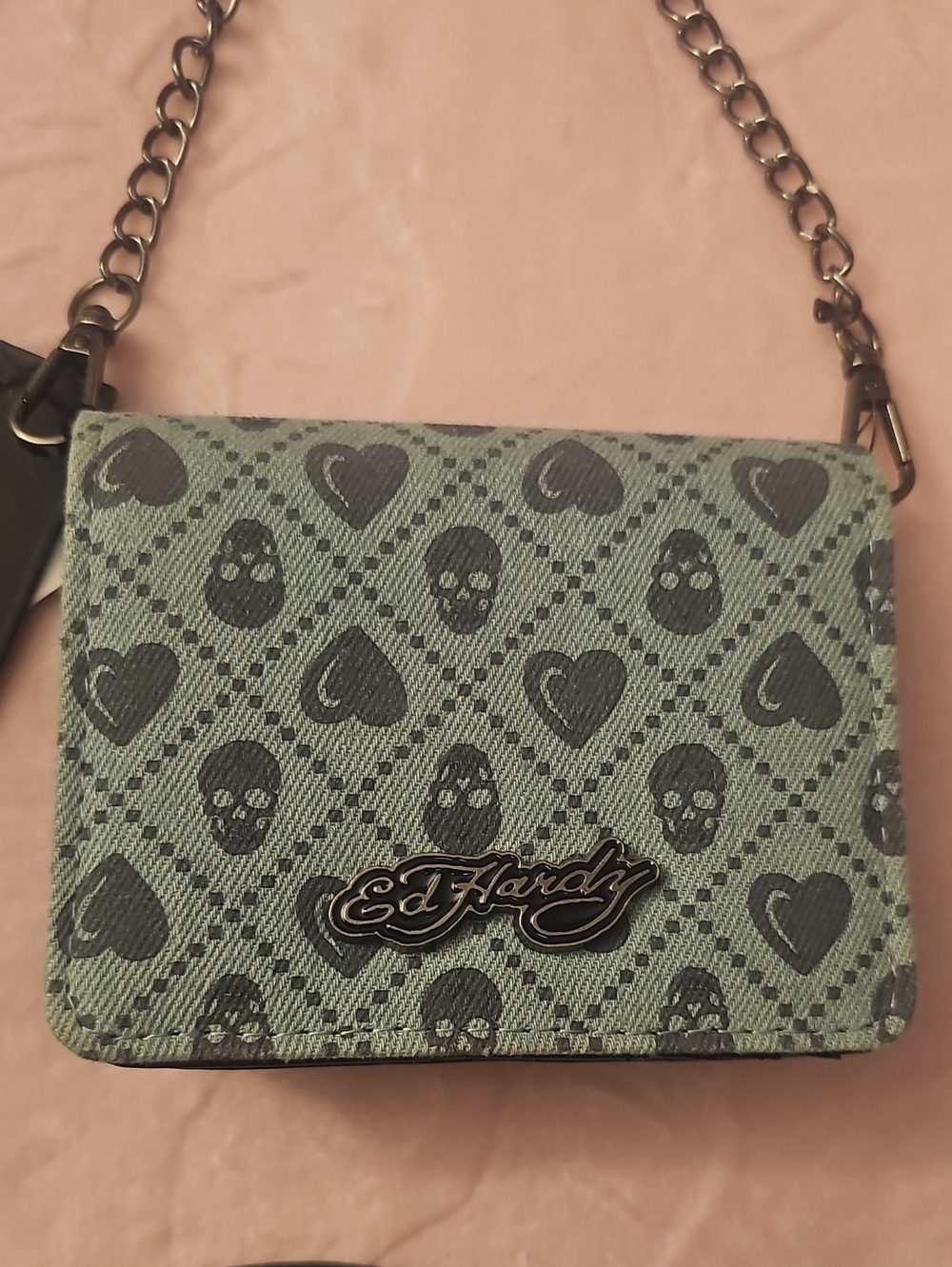 Ed Hardy Mint Green Skull & Heart Chain Crossbody Bag/wallet